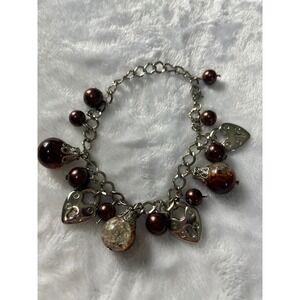 Silver Tone Heart Lock Charm Bracelet Brown Faux Pearl Amber Crackle Bead 8.5"